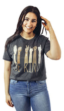 Load image into Gallery viewer, Women&#39;s ASL Be Kind Sign Language graphic tee. Paired with medium wash distressed skinny jeans 
