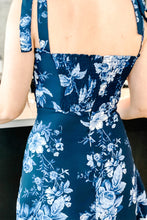 Load image into Gallery viewer, smocked back of navy blue floral dress for wedding guests
