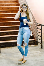 Load image into Gallery viewer, ripped blue jeans high waisted skinny jeans paired with blue sugarlips seamless tank
