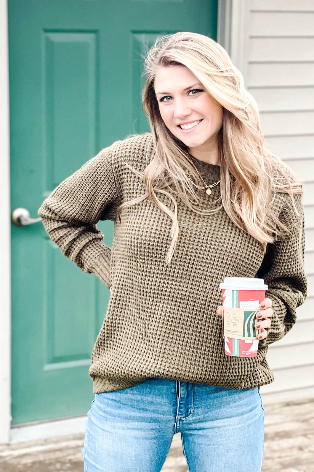 Sincere Wishes Olive Waffle Knit Sweater