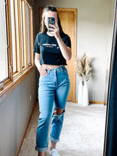 Load image into Gallery viewer, womens 90s best ripped boyfriend jeans with aint Laurent womens black cropped graphic tee
