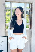 Load image into Gallery viewer, women&#39;s white blazer set paired with a black crop tank top
