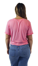 Load image into Gallery viewer, back of twist knot tee paired with high waisted jeans ripped boyfriend denim

