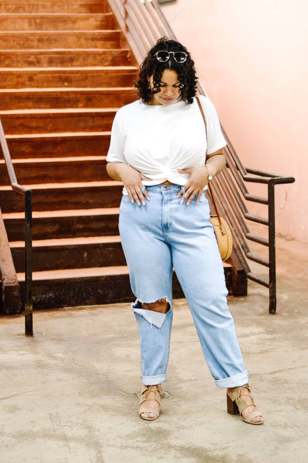 high waisted boyfriend jeans with white twist knot tee 