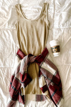 Load image into Gallery viewer, tan knit tank top dress with maron plaid shacket 
