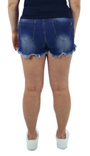 Load image into Gallery viewer, Back of women&#39;s distressed denim jean high waisted short shorts. Paired with Sugarlips seamless blue tank top and white Adidas slip-ons. 
