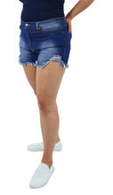 Load image into Gallery viewer, Women&#39;s ripped denim jean short shorts paired with sugarlips seamless blue tank top and white Adidas slip-ons.
