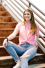 Load image into Gallery viewer, pink twist tee knot paired with distressed skinny jeans
