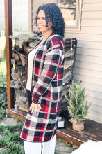 Load image into Gallery viewer, Women&#39;s black and red plaid duster cardigan with ripped denim boyfriend jeans and sparkle taupe tank top 
