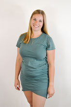 Load image into Gallery viewer, Women&#39;s teal tshirt dress with tulip hem and ruched side
