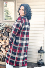 Load image into Gallery viewer, back of buffalo plaid red and black chunky cardigan and light wash denim high waisted boyfriend distressed jeans
