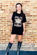 Load image into Gallery viewer, oversize rock and roll graphic tee paired with alligator knee high heeled black boots
