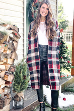 Load image into Gallery viewer, women&#39;s black and red plaid long cardigan duster with pleather black skinny pants and white bodysuit 
