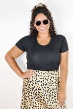 Load image into Gallery viewer, Women&#39;s black short sleeve bodysuit. Paired with women&#39;s waistband silky satin gold leopard midi skirt
