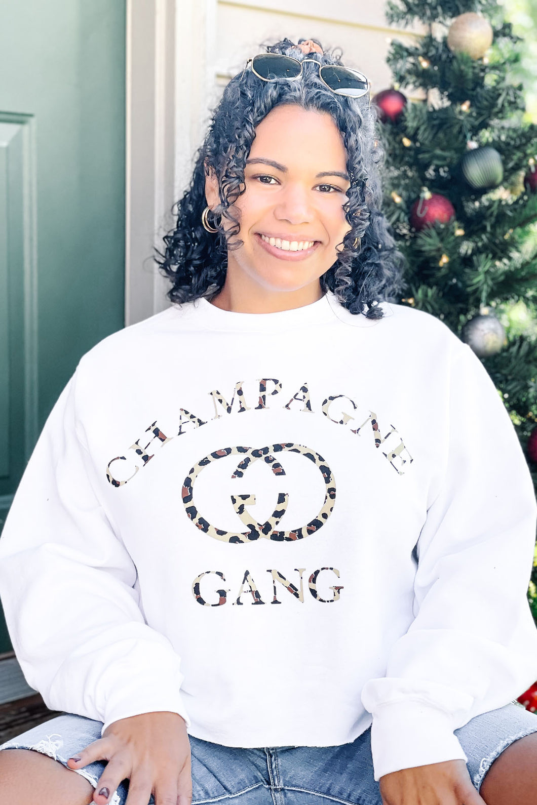 women's white champagne gang graphic crop hoodie