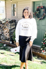 Load image into Gallery viewer, women&#39;s black midi skirt with slit paired with a cute women&#39;s graphic crewneck cool champagne gang sweatshirt 
