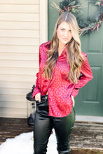 Load image into Gallery viewer, red cheetah satin button down long sleeve with black pleather pants
