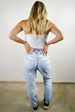 Load image into Gallery viewer, paperbag waist jeans paired with white ribbed crop tank top and black sneakers
