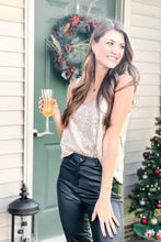 Load image into Gallery viewer, gold sparkle tank top with black pleather pants
