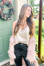 Load image into Gallery viewer, women&#39;s gold sequin tank top with pink boyfriend blazer and black pleather pants
