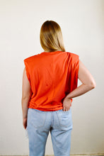 Load image into Gallery viewer, back of red muscle tee womens paired with paperbag jeans

