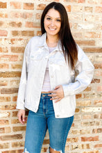 Load image into Gallery viewer, Women&#39;s oversized blue grey denim jacket with stars. Paired with medium wash ripped skinny jeans and purple &amp; white striped tank top with ruched sides and ties.  
