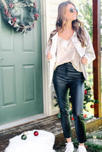 Load image into Gallery viewer, women&#39;s oversized denim jacket with star pattern paired with faux leather skinny pants and a gold sequin tank top with adjustable straps
