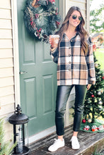 Load image into Gallery viewer, women&#39;s plaid brown and white long sleeve shacket paired with faux pleather skinny pants
