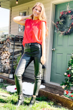 Load image into Gallery viewer, women&#39;s red muscle tee with padded shoulders paired with faux leather pants
