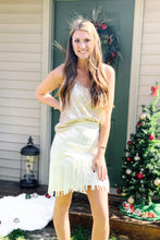 Load image into Gallery viewer, white denim fringe skirt with zipper paired with gold glitter sequin sparkle tank top with adjustable straps
