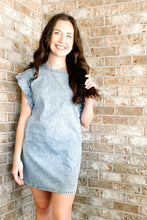 Load image into Gallery viewer, Women&#39;s denim dress with pearls outfit. Cap sleeves featuring faux pearls and diamond accents. hidden back zipper
