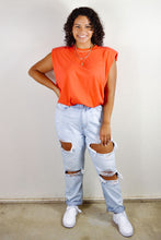 Load image into Gallery viewer, red muscle tee with paper bag jeans 
