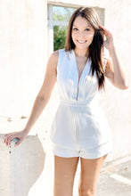 Load image into Gallery viewer, white romper for women. white jumpsuit for formal occasions. white romper for graduations. All white linen short jumpsuit
