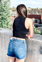 Load image into Gallery viewer, back of black ribbed supportive v neck crop tank top
