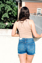 Load image into Gallery viewer, back of muscle tee style nude ribbed bodysuit paired with denim shorts
