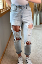 Load image into Gallery viewer, paper bag jeans paired with women&#39;s all white one piece bodysuit and white superstar Adidas sneakers. 
