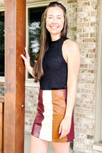 Load image into Gallery viewer, merlot color block faux leather skirt with black knit sweater tank top
